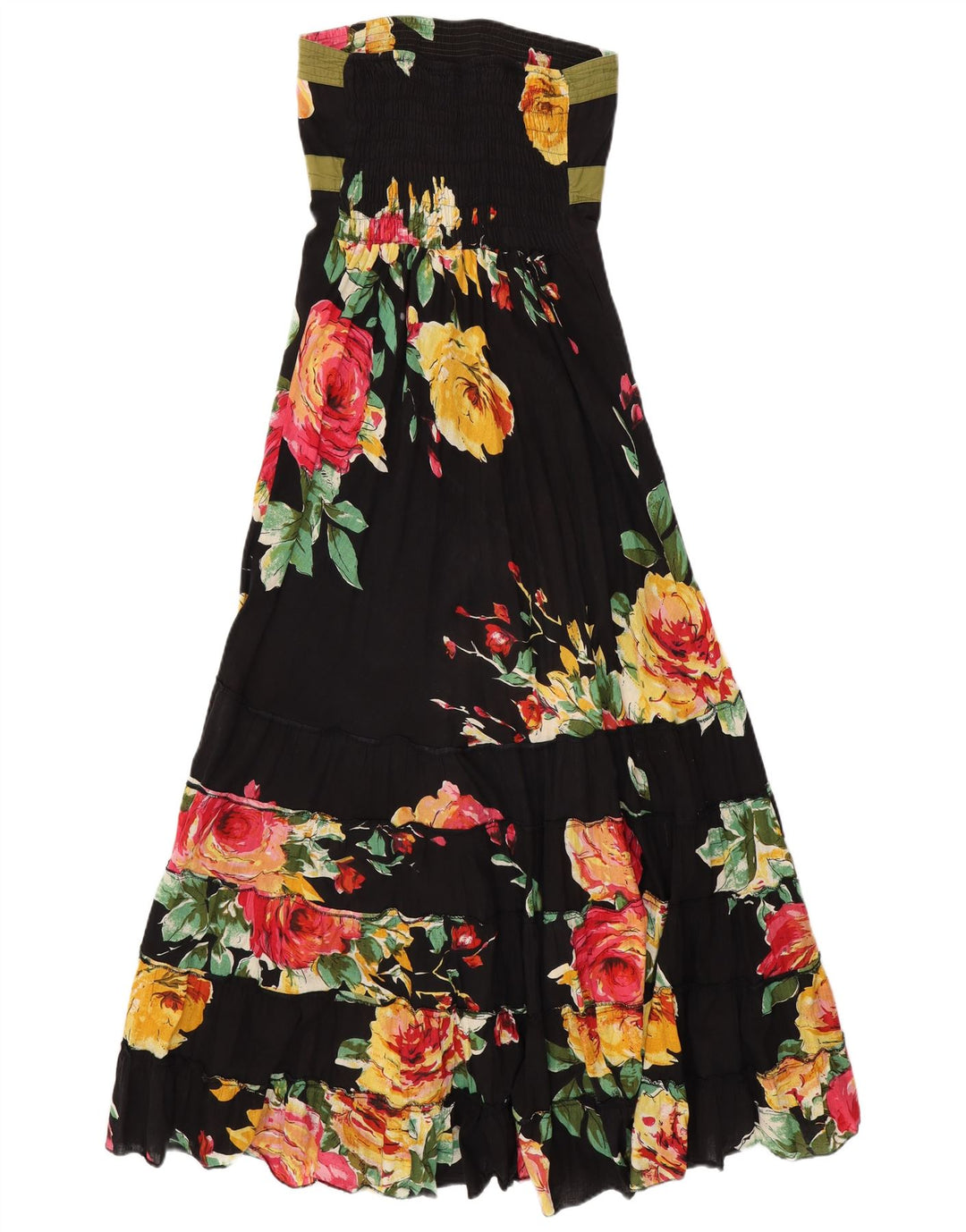 Vestido maxi feminino VINTAGE sem alças Reino Unido 14 algodão floral preto médio