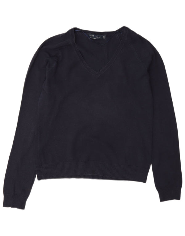 Suéter feminino Zara com decote em V Reino Unido 14 grande algodão azul marinho