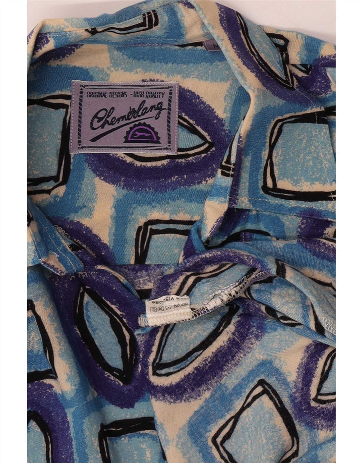 Camisa masculina vintage de manga curta viscose geométrica azul média