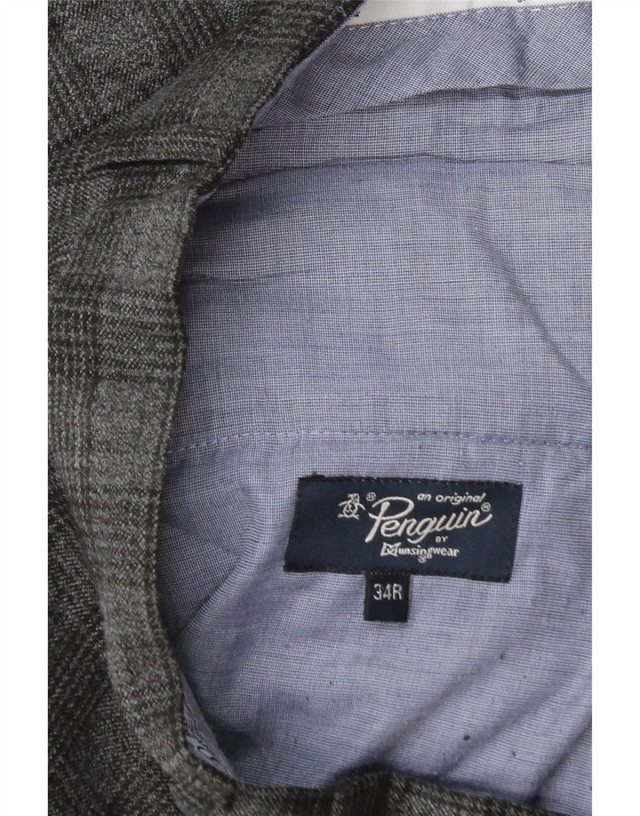 Calça masculina de terno reto Penguin W34 L30 poliéster xadrez cinza