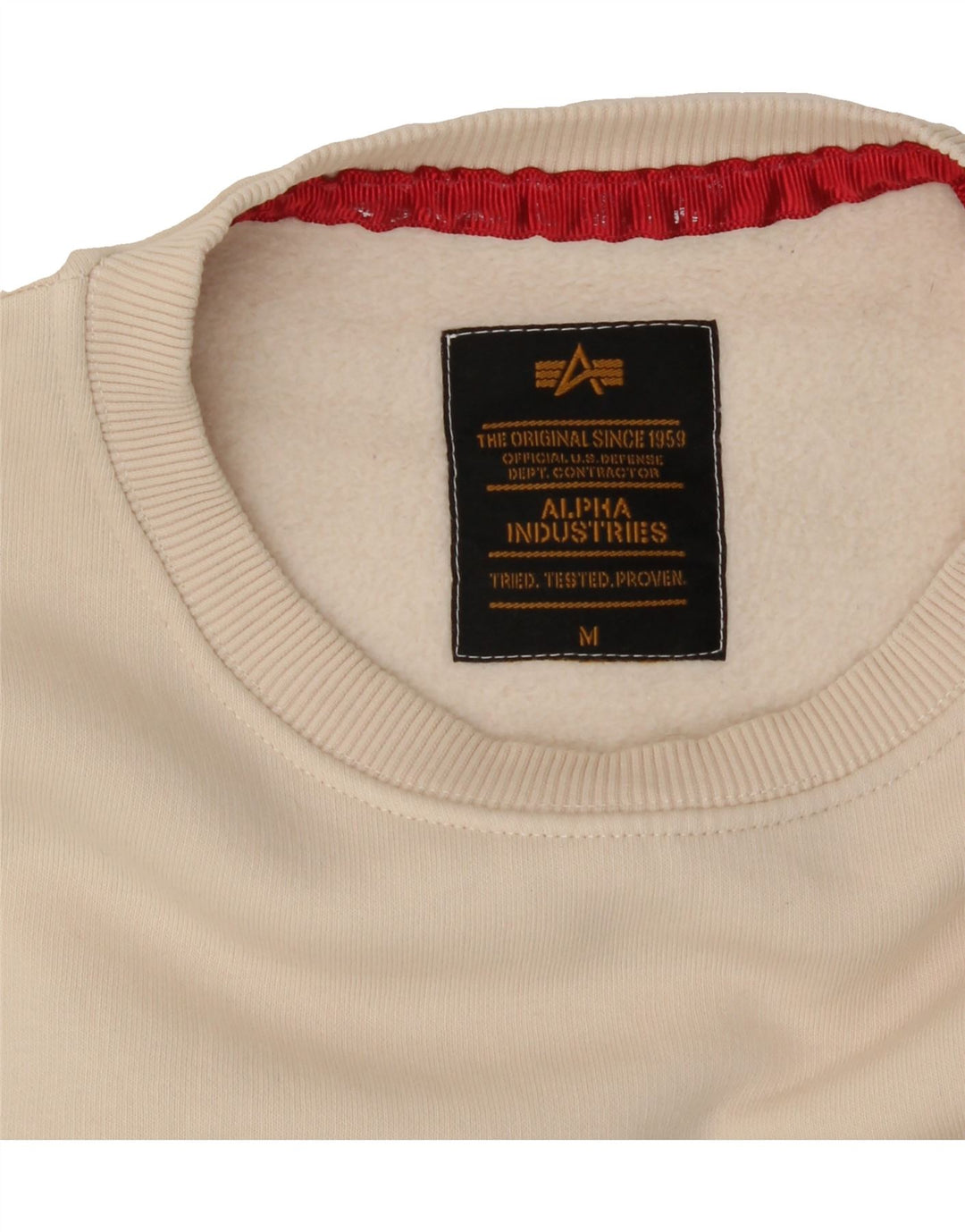 ALPHA INDUSTRIES Mens Graphic Sweatshirt Jumper Medium Beige Vintage Alpha Industries and Second-Hand Alpha Industries from Messina Hembry 