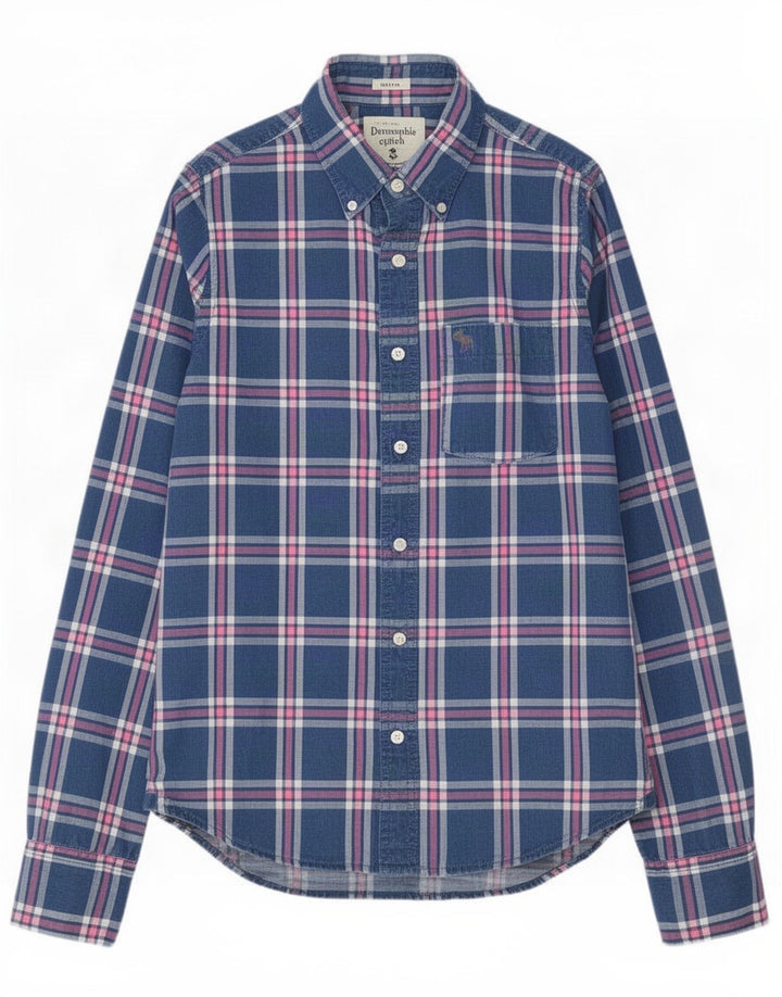 Camisa masculina de flanela Abercrombie & Fitch de algodão xadrez azul médio