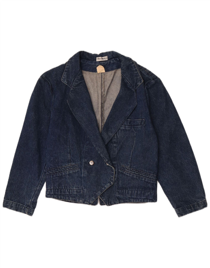 Jaqueta blazer jeans feminina vintage com peito duplo Reino Unido 14 algodão azul médio