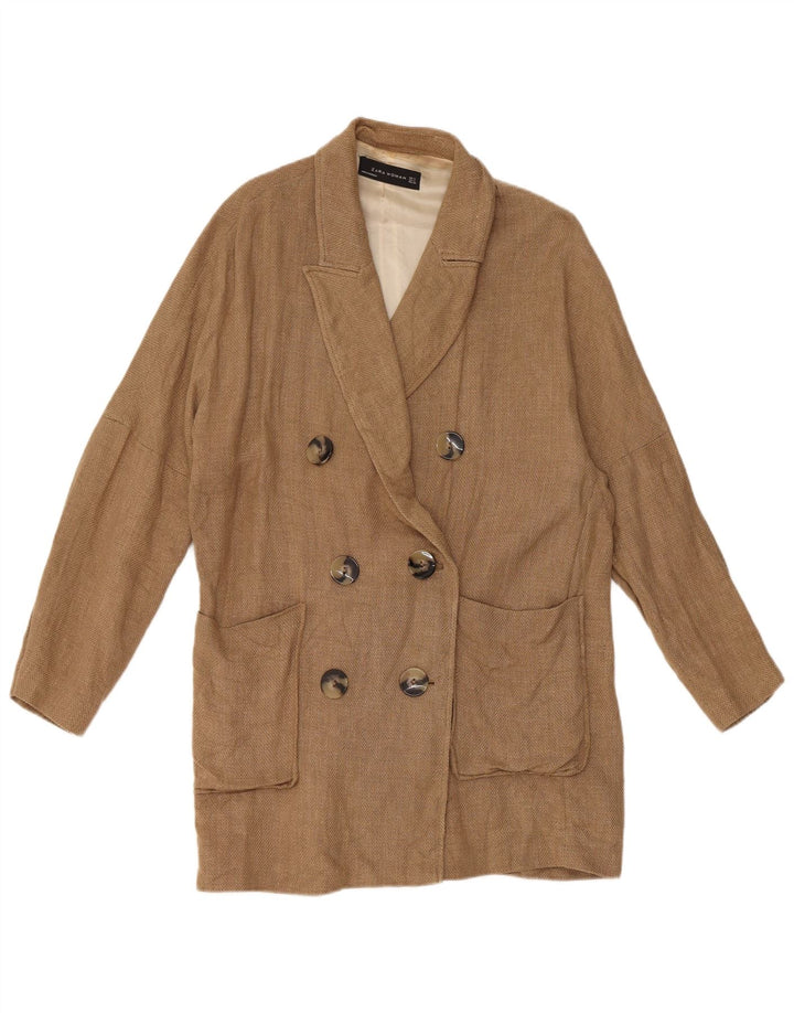 Jaqueta blazer feminina Zara Longline com peito duplo Reino Unido 14 linho marrom médio