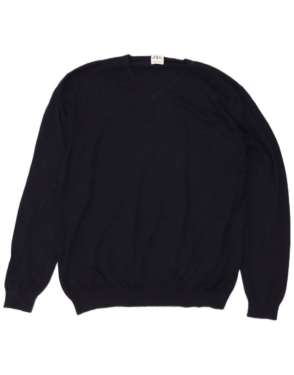 Suéter masculino ZARA com decote em V 2XL azul marinho viscose
