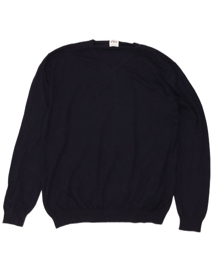 Suéter masculino ZARA com decote em V 2XL azul marinho viscose