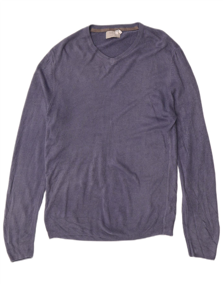 MARKS & SPENCER Suéter masculino regular com decote em V, grande acrílico azul