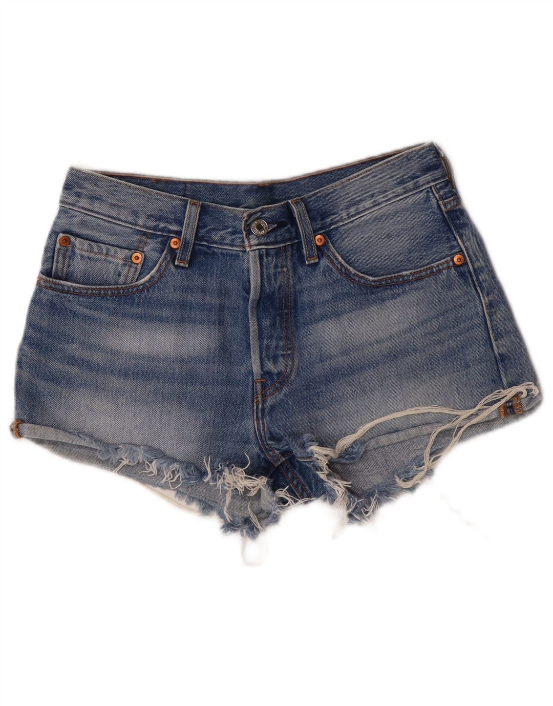 Shorts jeans feminino Levi's 501 desgastado W26 pequeno azul algodão clássico