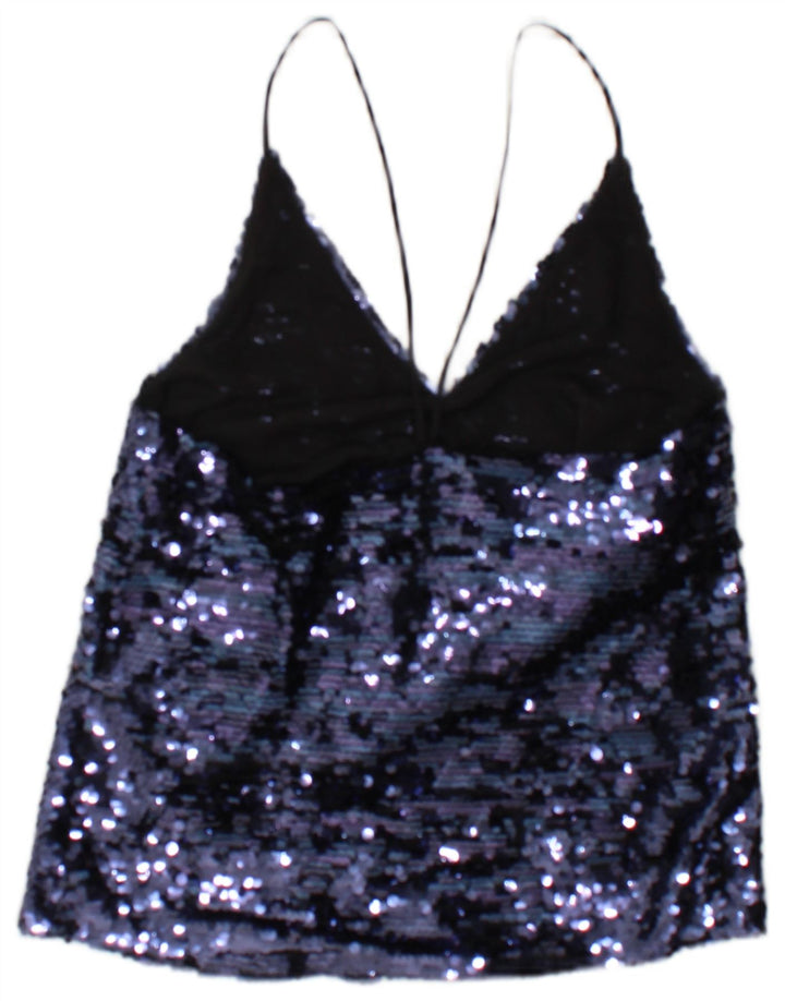 Zara Womens Sequin Cami Top UK 10 Pequeno Azul Poliéster