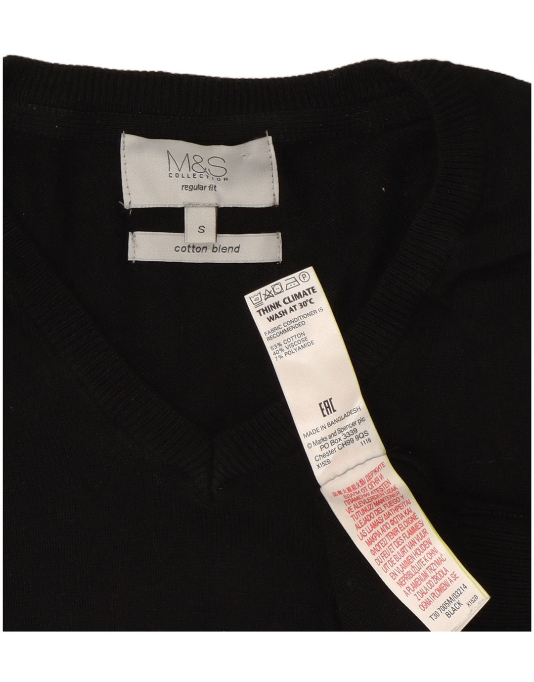 Suéter masculino Marks & Spencer de ajuste regular com decote em V, pequeno algodão preto