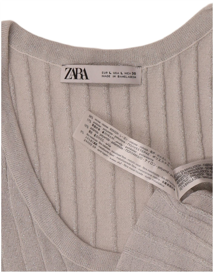 Colete feminino Zara UK 14 grande viscose manchada prateada