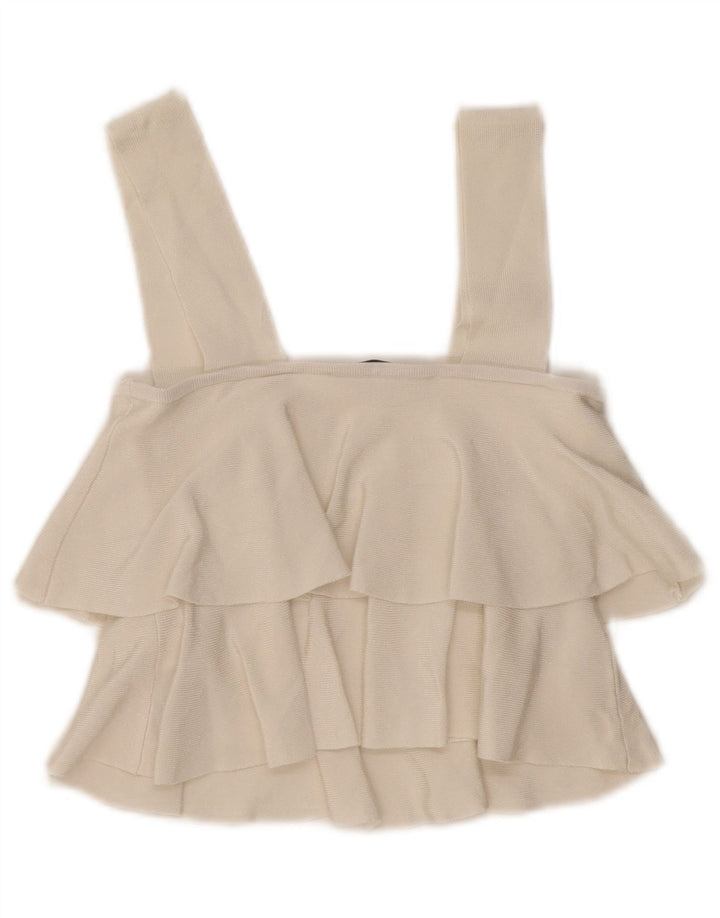 Zara Womens Crop Ruffle Front Cami Top Reino Unido 8 Pequeno Off White Viscose