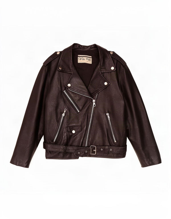 Jaqueta feminina vintage de couro para motociclista UK 12 média preta