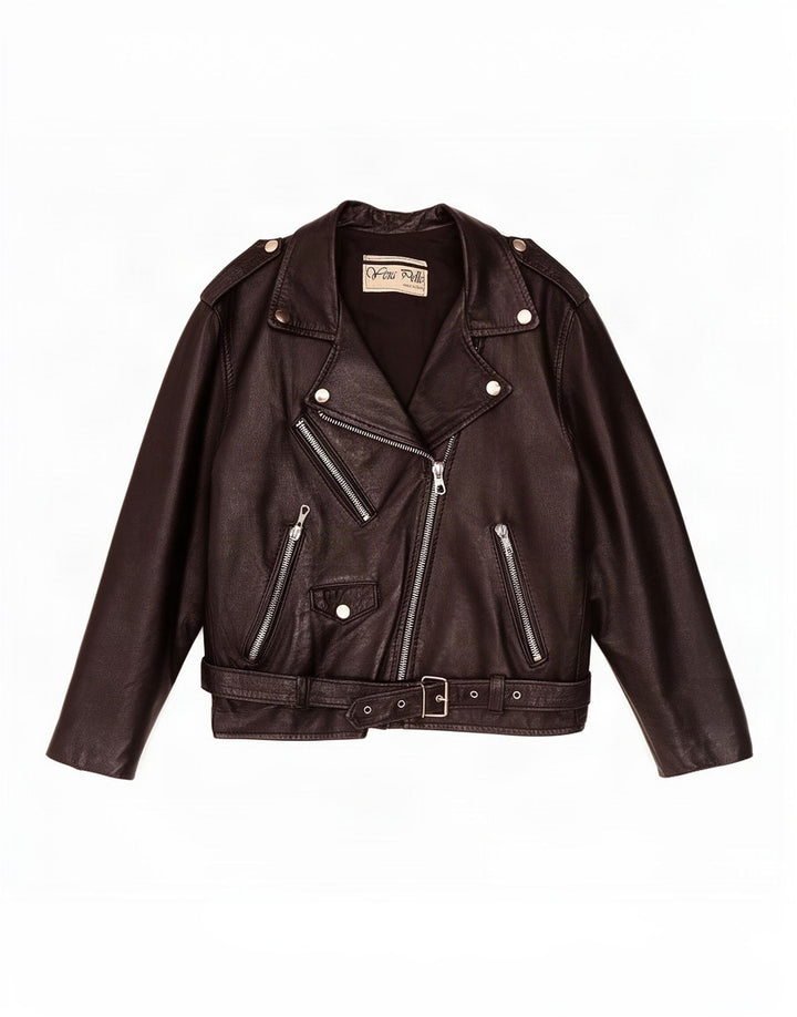 Jaqueta feminina vintage de couro para motociclista UK 12 média preta
