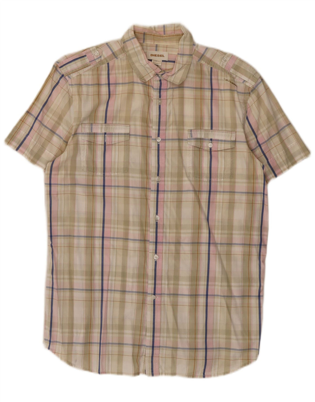 Camisa masculina diesel de manga curta grande algodão xadrez bege