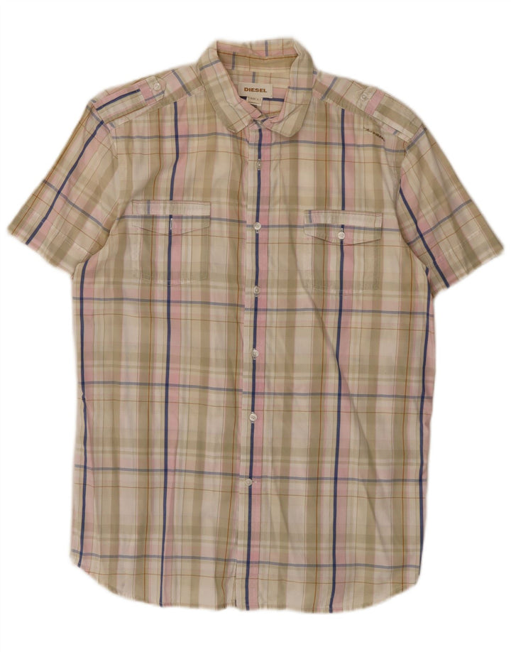 Camisa masculina diesel de manga curta grande algodão xadrez bege