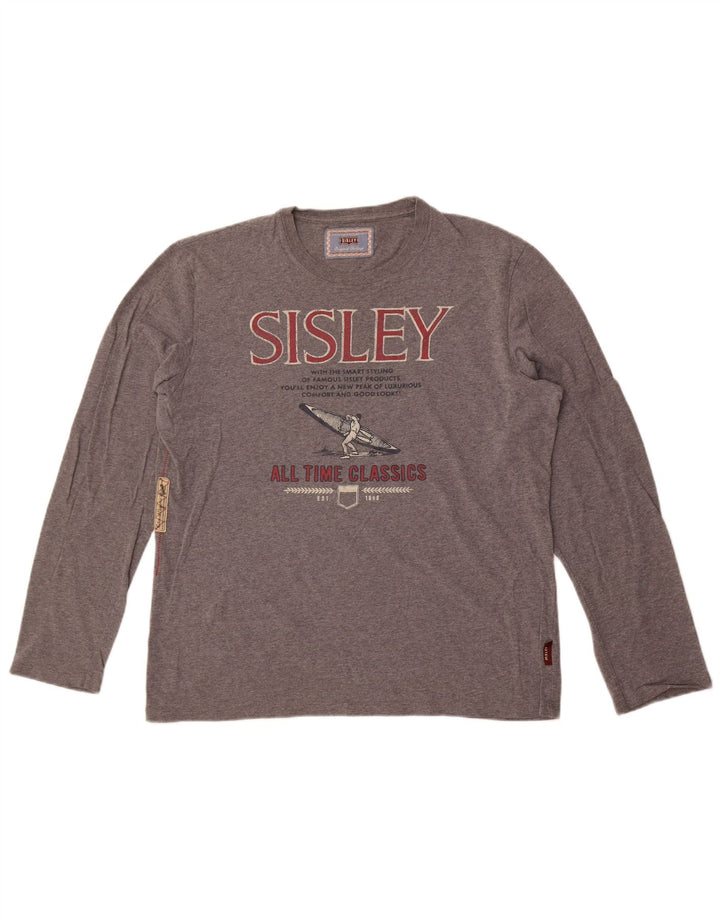Sisley Mens Graphic Top Manga Longa Médio Algodão Cinza