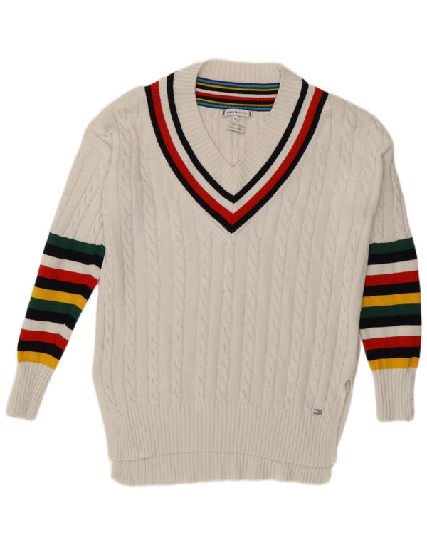 Suéter feminino TOMMY HILFIGER com decote em V UK 6 XS listrado branco