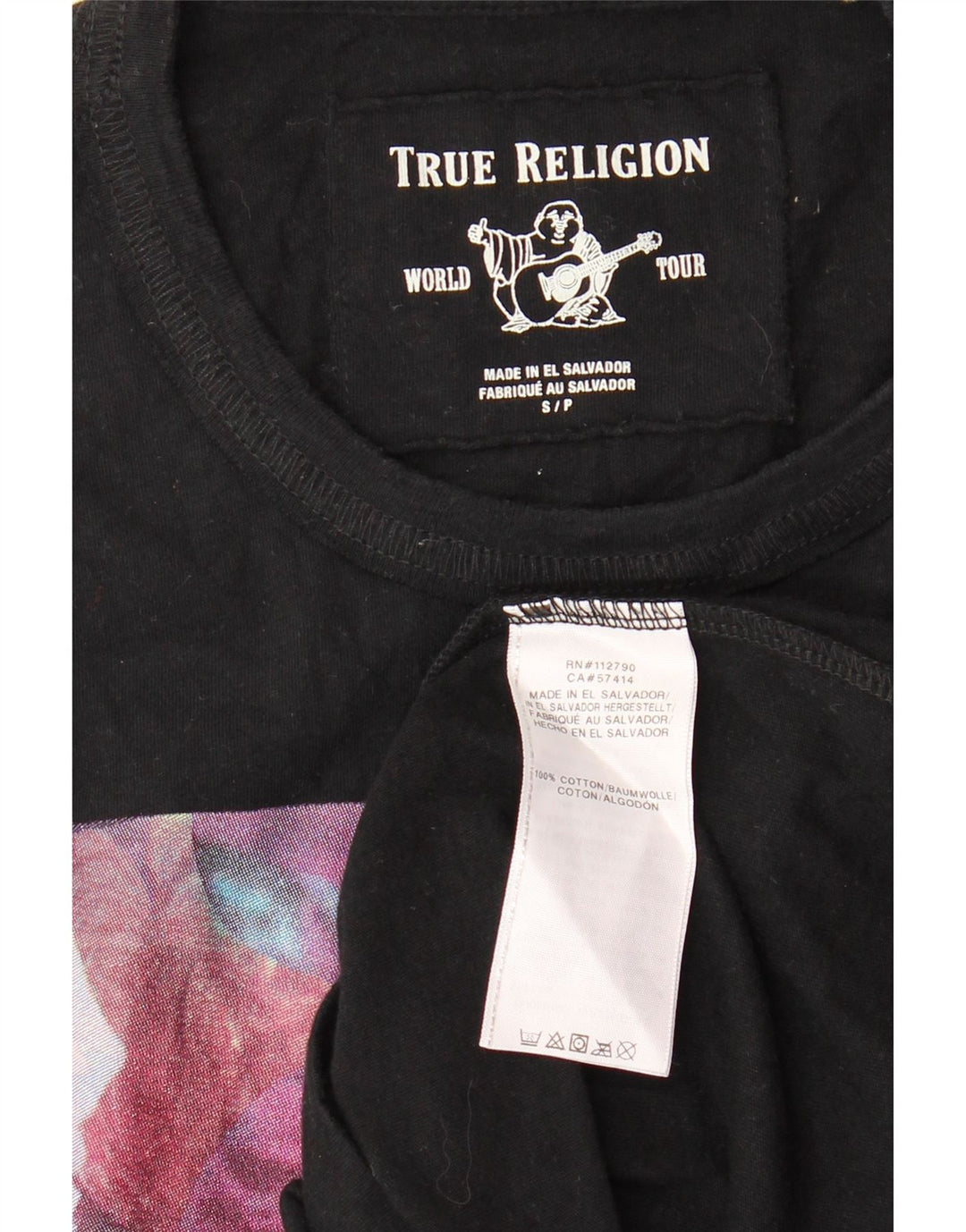 Camiseta gráfica masculina TRUE RELIGION, pequena, preta, floral, de algodão