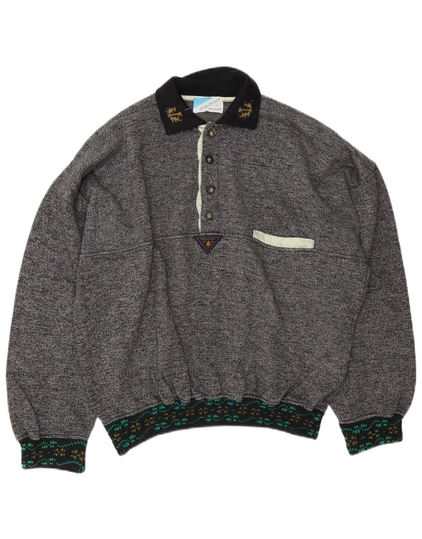 Moletom masculino vintage com gola polo Jumper XL algodão manchado cinza