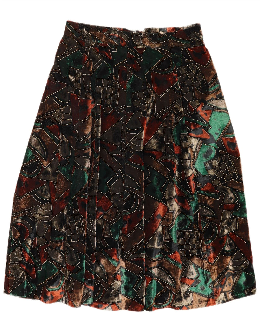 Saia larga de veludo feminina vintage W28 média geométrica multicolorida