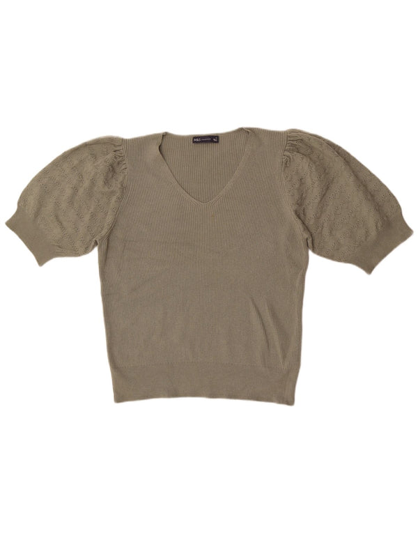 Suéter feminino Marks & Spencer manga curta com decote em V Reino Unido 18 XL cáqui