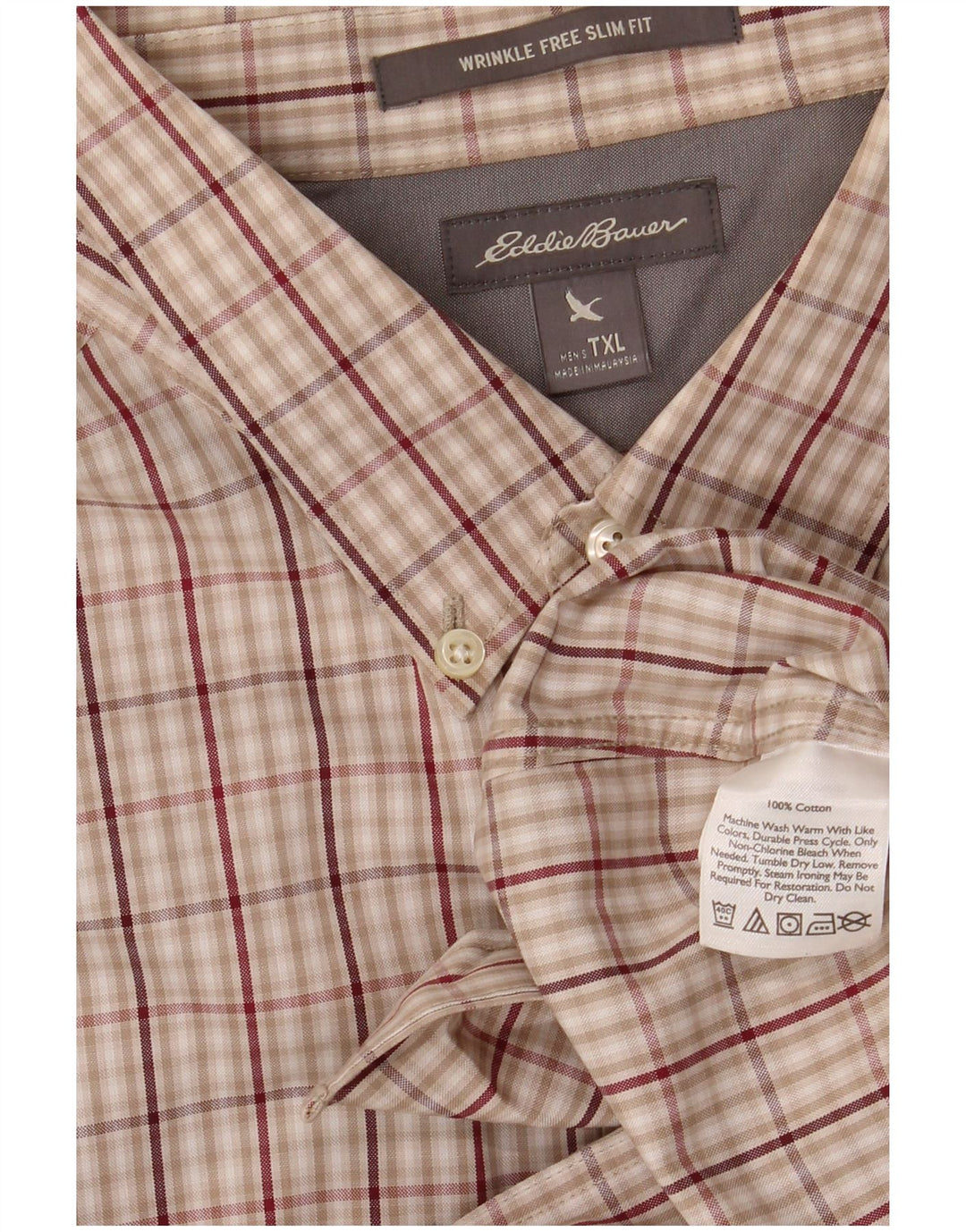 EDDIE BAUER Camisa masculina sem rugas Slim Fit XL bege xadrez algodão