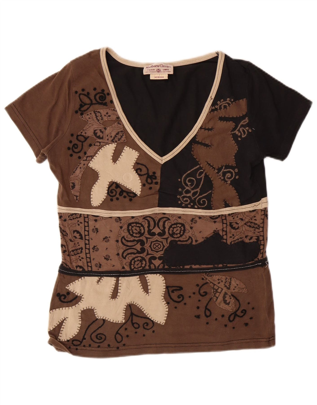 Camiseta feminina MARLBORO CLASSICS UK 12 algodão paisley marrom médio