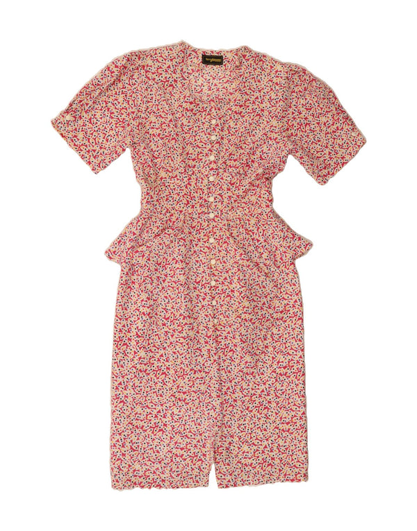 Vestido feminino VINTAGE com padrão abstrato Peplum UK 12 rosa médio