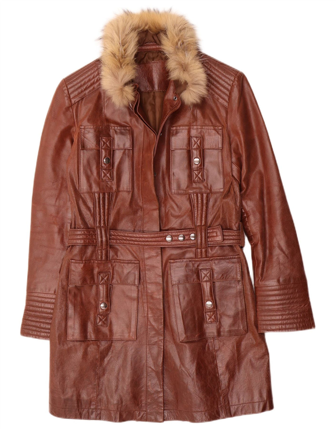 Casaco de couro feminino vintage UK 10 pequeno marrom