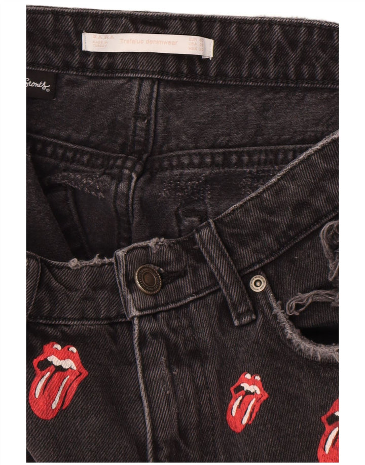 Shorts jeans feminino Zara com estampa gráfica desgastada UE 40 médio W30 preto