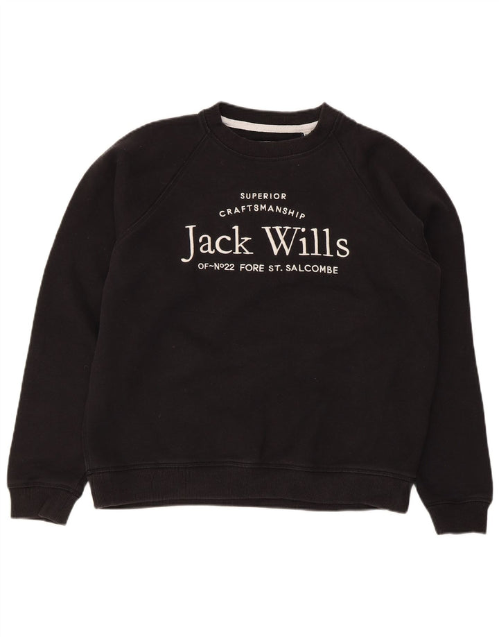 Suéter gráfico feminino Jack Wills Reino Unido 12 algodão preto médio