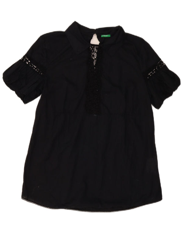 Blusa feminina BENETTON UK 14 grande algodão floral preto