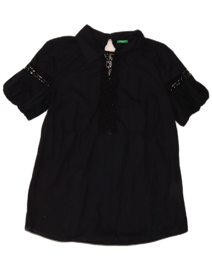 Blusa feminina BENETTON UK 14 grande algodão floral preto