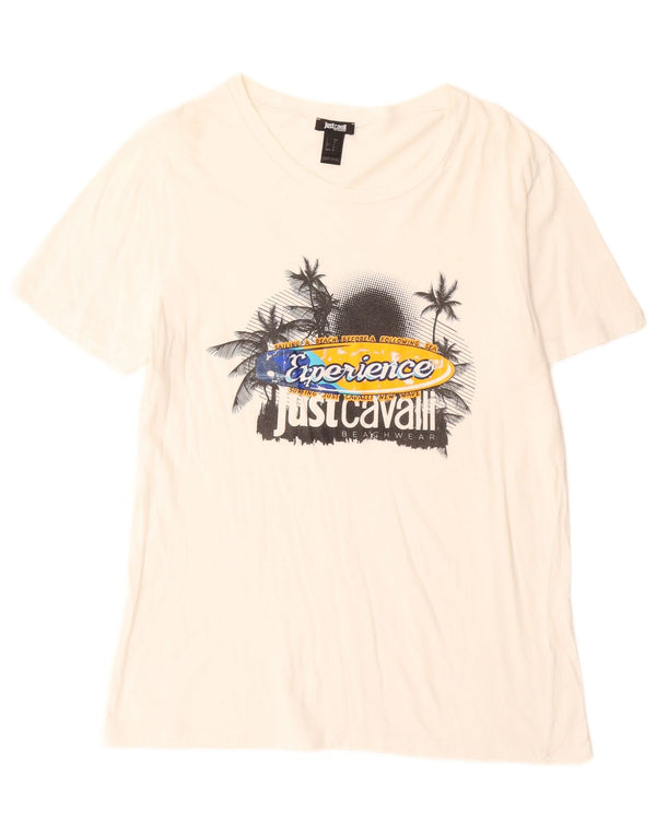 Just Cavalli Mens Graphic T-Shirt Top Grande Algodão Branco