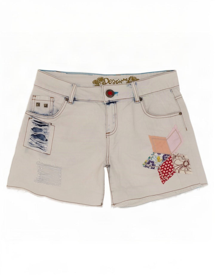 Shorts jeans feminino Desigual desgastado W28 algodão patchwork azul médio