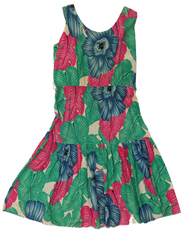 Vestido feminino vintage sem mangas evasê UK 14 médio floral multicolorido