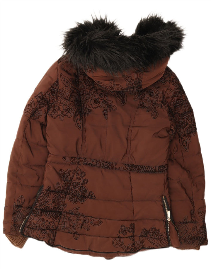 Jaqueta feminina acolchoada com capuz e capuz Desigual UE 36 pequena marrom floral