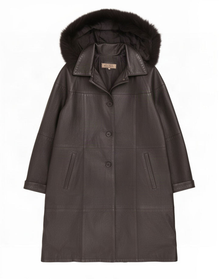 Casaco de couro feminino vintage com capuz IT 44 médio preto