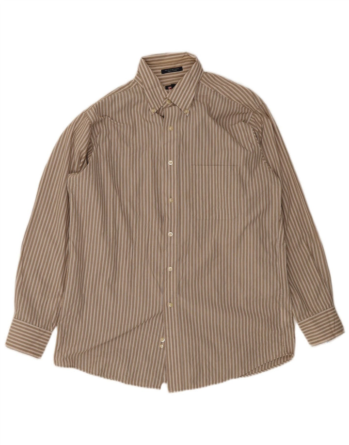 Camisa masculina Chaps tamanho 15 15 1/2 algodão listrado marrom médio