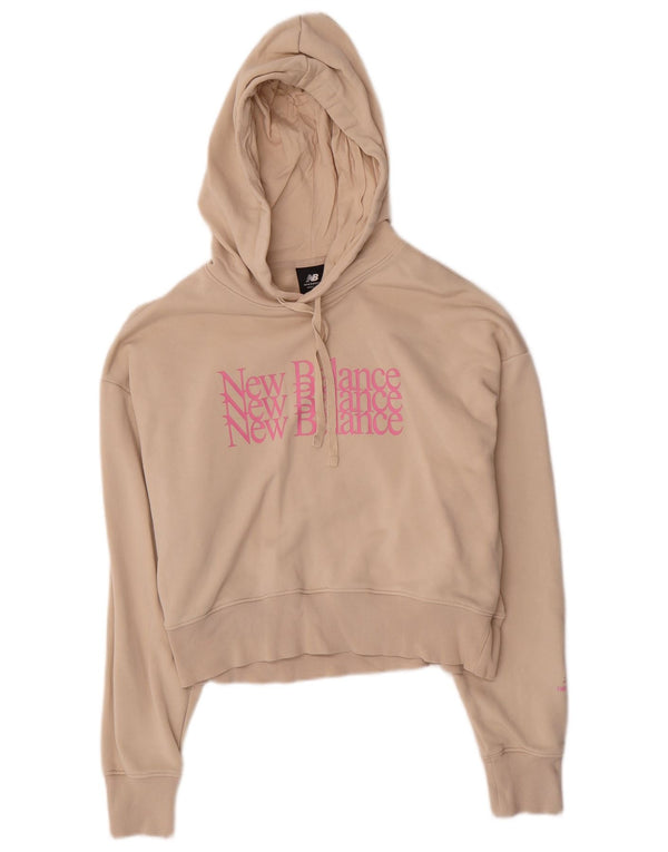 Suéter feminino New Balance com capuz gráfico oversized crop UK 10 pequeno bege