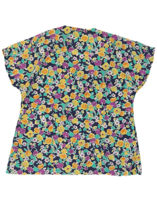 Blusa feminina vintage de manga curta UK 16 grande floral multicolorida
