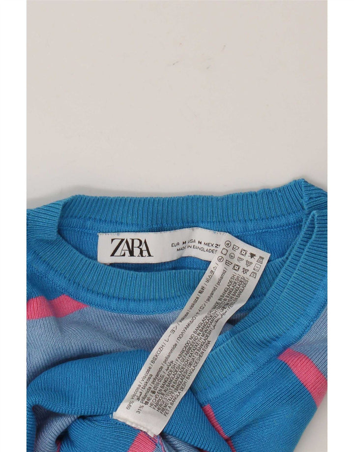 Top colete feminino Zara UK 12 viscose listrada azul médio