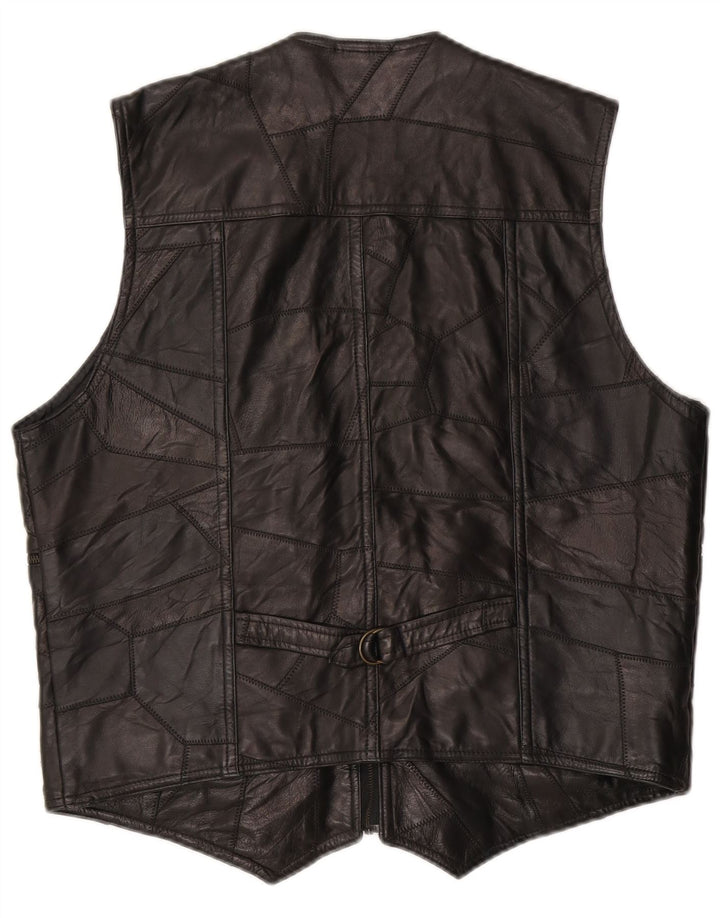 Colete utilitário de couro masculino vintage UK 38 patchwork preto médio