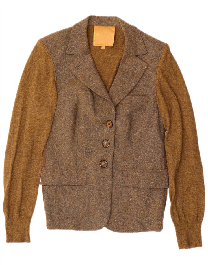 Jaqueta blazer de malha feminina Silvian Heach Reino Unido 12 bloco colorido marrom médio