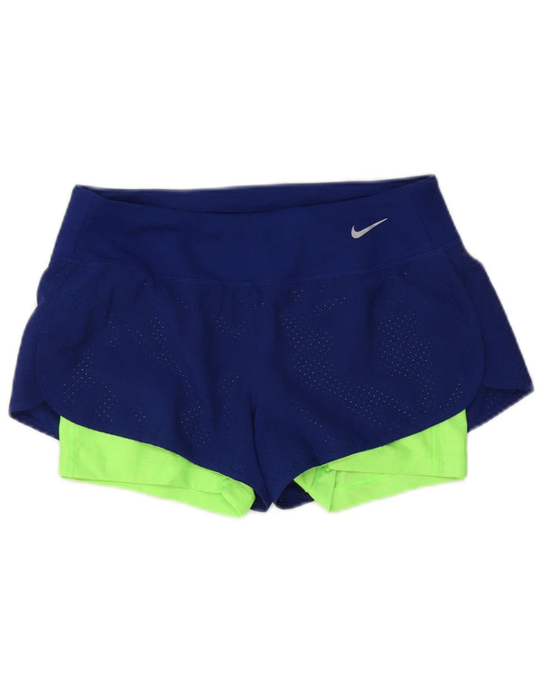 Shorts esportivos femininos Nike Dri Fit UK 10 pequenos azul marinho colorblock