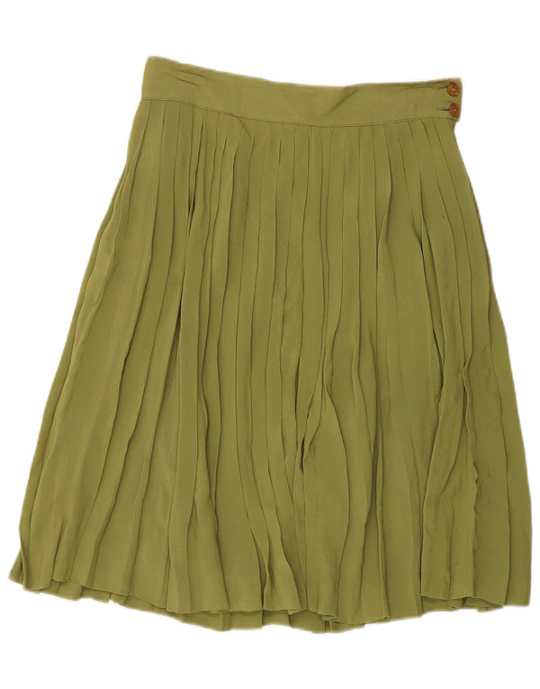 Saia plissada faca feminina vintage Reino Unido 10 pequena W26 viscose verde