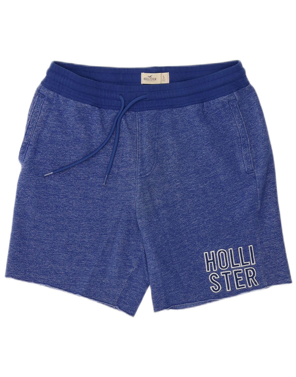 Shorts esportivos gráficos masculinos Hollister pequenos W29 L7 logotipo de algodão manchado azul