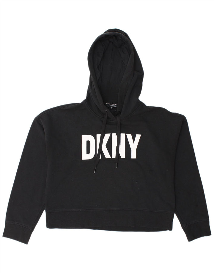 Suéter feminino Dkny com capuz e estampa de grandes dimensões UK 14 algodão preto médio