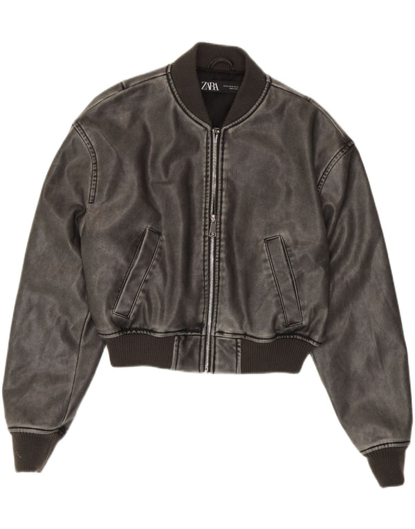 Zara Jaqueta bomber feminina de couro sintético superdimensionada UK 6 XS cinza poliuretano